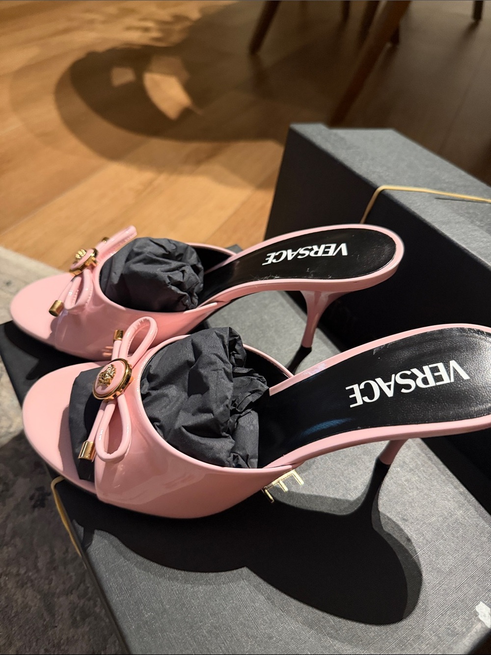 Versace Pink Patent Slide Heels with Gold Medusa Accent